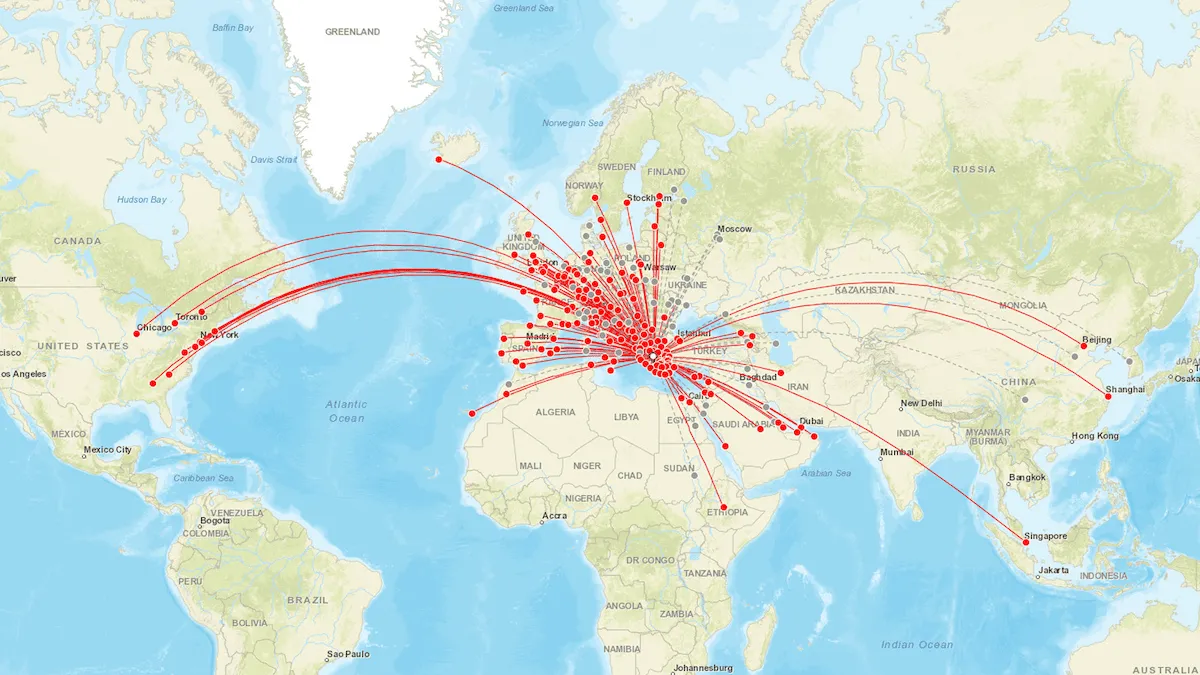 Conexões internacionais a partir de Atenas - Fonte: Direct Flights